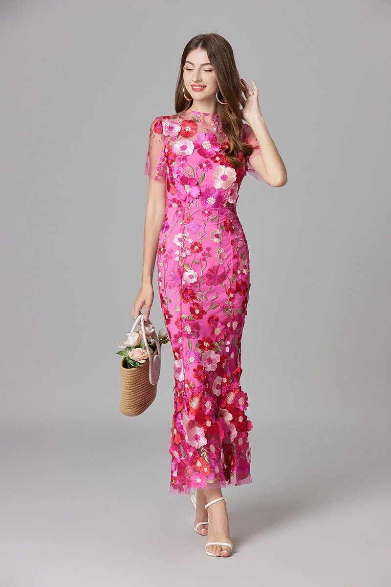 Elegant women's maxi dress featuring 3D floral appliques, sleeveless design, and a floor-length silhouette in vibrant yellow and white colors. 5