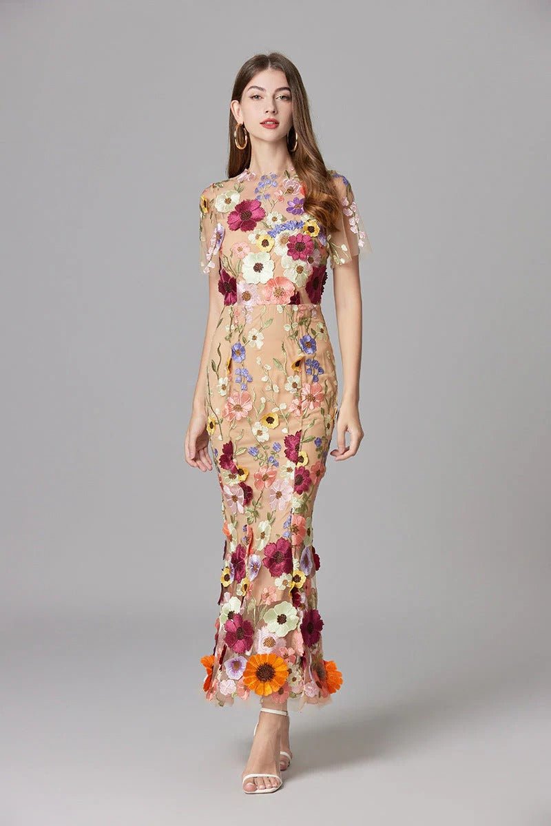 Elegant women's maxi dress featuring 3D floral appliques, sleeveless design, and a floor-length silhouette in vibrant yellow and white colors. 7