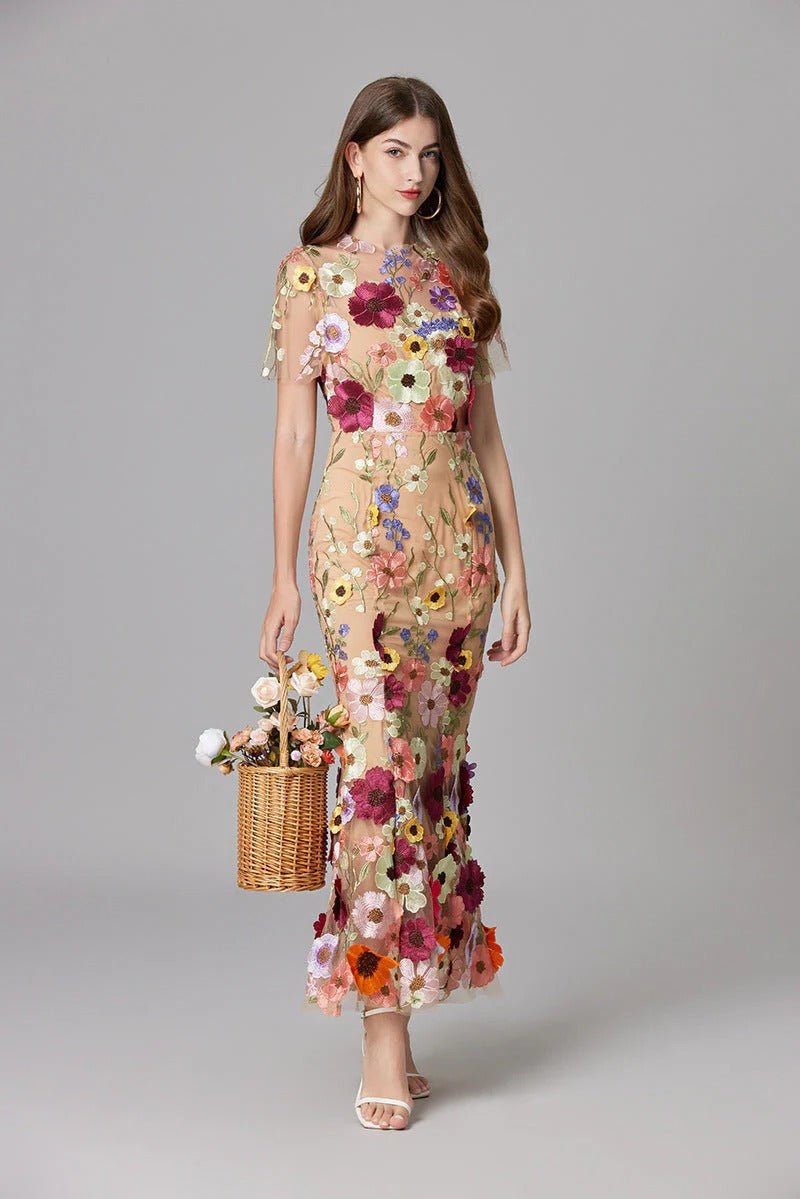 Elegant women's maxi dress featuring 3D floral appliques, sleeveless design, and a floor-length silhouette in vibrant yellow and white colors. 8