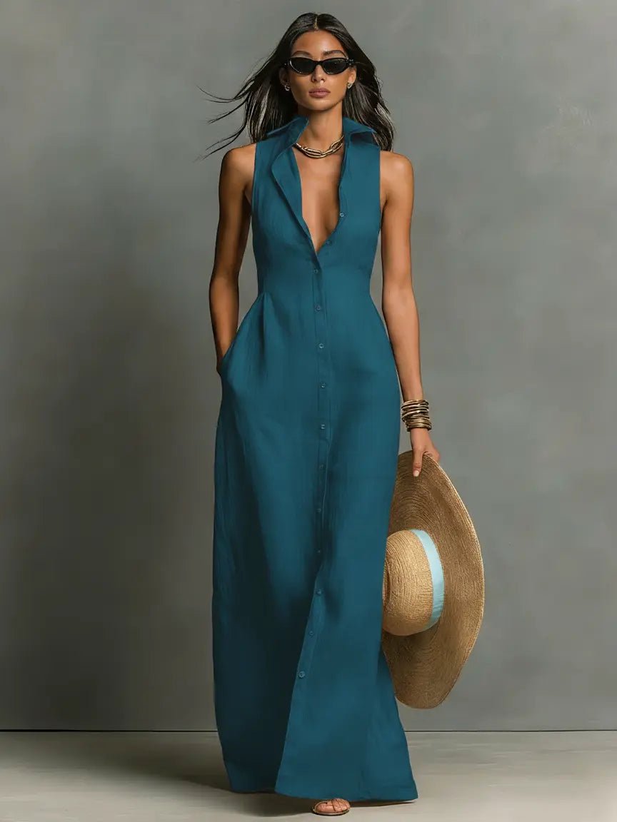 Women's Maxi Dress with Collared Button-Front – Breathable Linen Blend for Summer Elegance 2