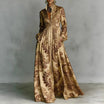 Women's maxi dress featuring long sleeves and a stylish geometric print, designed with a high-waist button-front and convenient pockets for a chic and comfortable look. 0