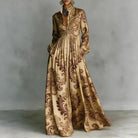Women's maxi dress featuring long sleeves and a stylish geometric print, designed with a high-waist button-front and convenient pockets for a chic and comfortable look. 0