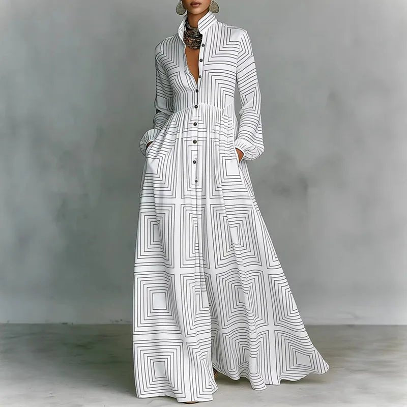 Women's maxi dress featuring long sleeves and a stylish geometric print, designed with a high-waist button-front and convenient pockets for a chic and comfortable look. 1