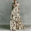 Women's maxi dress featuring long sleeves and a stylish geometric print, designed with a high-waist button-front and convenient pockets for a chic and comfortable look. 2