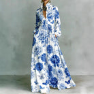 Women's maxi dress featuring long sleeves and a stylish geometric print, designed with a high-waist button-front and convenient pockets for a chic and comfortable look. 4