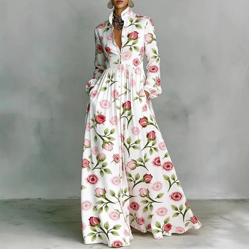 Women's maxi dress featuring long sleeves and a stylish geometric print, designed with a high-waist button-front and convenient pockets for a chic and comfortable look. 5