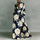Women's maxi dress featuring long sleeves and a stylish geometric print, designed with a high-waist button-front and convenient pockets for a chic and comfortable look. 6