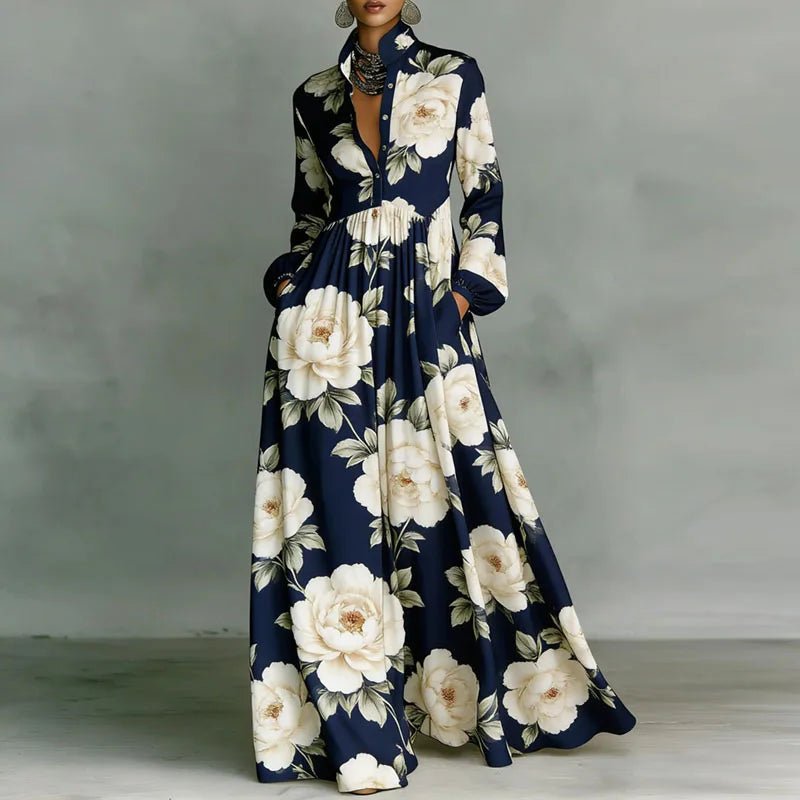 Women's maxi dress featuring long sleeves and a stylish geometric print, designed with a high-waist button-front and convenient pockets for a chic and comfortable look. 6