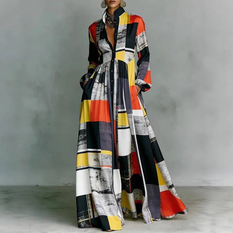 Women's maxi dress featuring long sleeves and a stylish geometric print, designed with a high-waist button-front and convenient pockets for a chic and comfortable look. 8