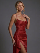 Women's Maxi Dress with Spaghetti Straps and Side Split – Elegant Ruched Satin Cocktail Dress 2
