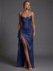 Women's Maxi Dress with Spaghetti Straps and Side Split – Elegant Ruched Satin Cocktail Dress 3