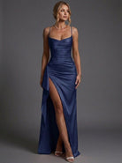 Women's Maxi Dress with Spaghetti Straps and Side Split – Elegant Ruched Satin Cocktail Dress 3