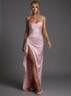 Women's Maxi Dress with Spaghetti Straps and Side Split – Elegant Ruched Satin Cocktail Dress 4