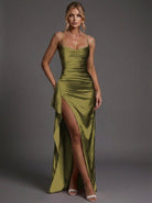 Women's Maxi Dress with Spaghetti Straps and Side Split – Elegant Ruched Satin Cocktail Dress 6