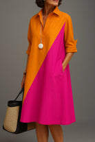 Women's midi dress featuring a stylish diagonal colorblock design and a flattering V-neck collar, crafted from breathable cotton for a comfortable summer wear; perfect for casual 0