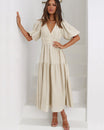 Women’s Midi Dress with V-neck and Puff Sleeves