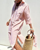 Women's Midi Shirt Dress with Button Front – Striped Summer Style for Casual Comfort 1