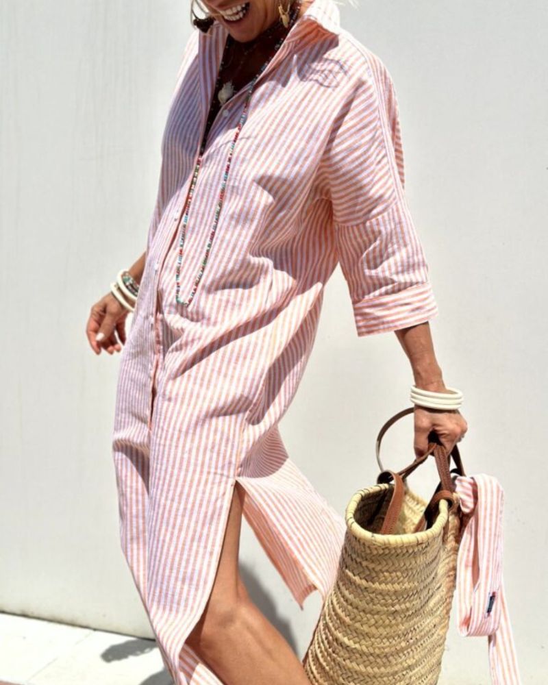 Women's Midi Shirt Dress with Button Front – Striped Summer Style for Casual Comfort 1