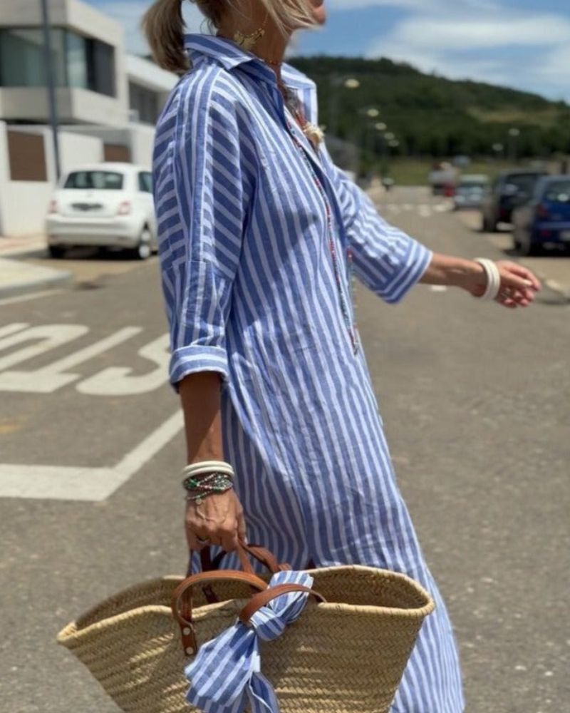 Women's Midi Shirt Dress with Button Front – Striped Summer Style for Casual Comfort 2