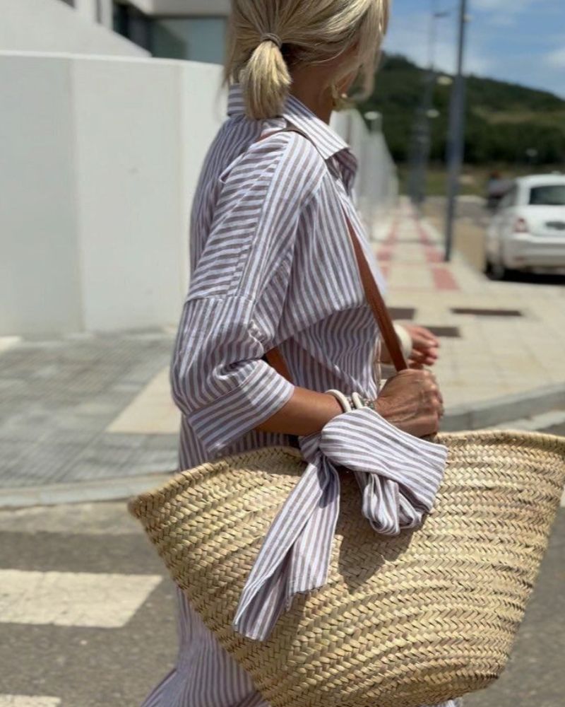 Women's Midi Shirt Dress with Button Front – Striped Summer Style for Casual Comfort 4