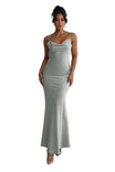 Women’s Mint Green Maxi Dress with Draped Neckline and Back Floral Straps