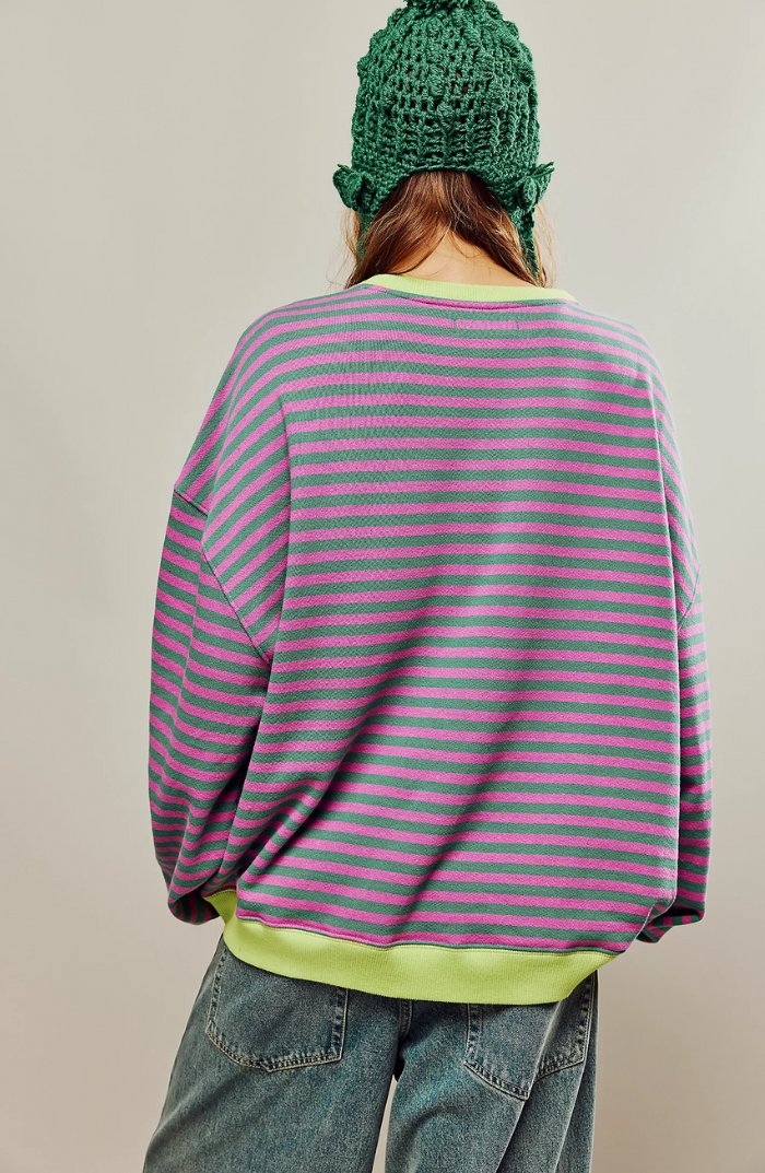 Women's oversized sweatshirt featuring neon contrast trim, striped drop-shoulder design, and made from lightweight knit fabric, perfect for casual and comfortable wear. 1