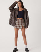 Casual brown oversized women's PU leather jacket, stylish faux leather outerwear for a trendy look. 1