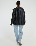 Casual brown oversized women's PU leather jacket, stylish faux leather outerwear for a trendy look. 5