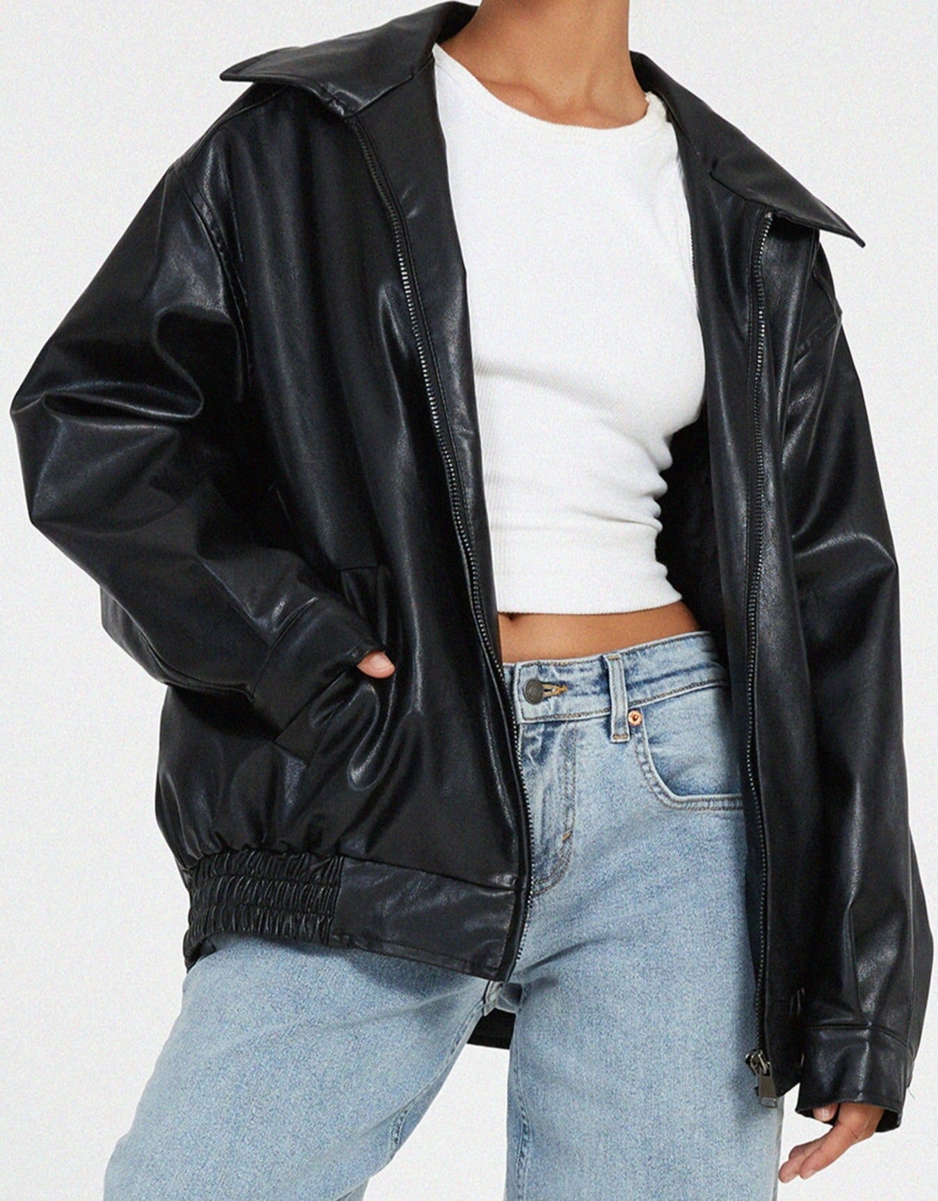Casual brown oversized women's PU leather jacket, stylish faux leather outerwear for a trendy look. 6