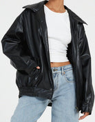 Casual brown oversized women's PU leather jacket, stylish faux leather outerwear for a trendy look. 6
