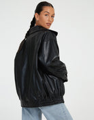 Casual brown oversized women's PU leather jacket, stylish faux leather outerwear for a trendy look. 7