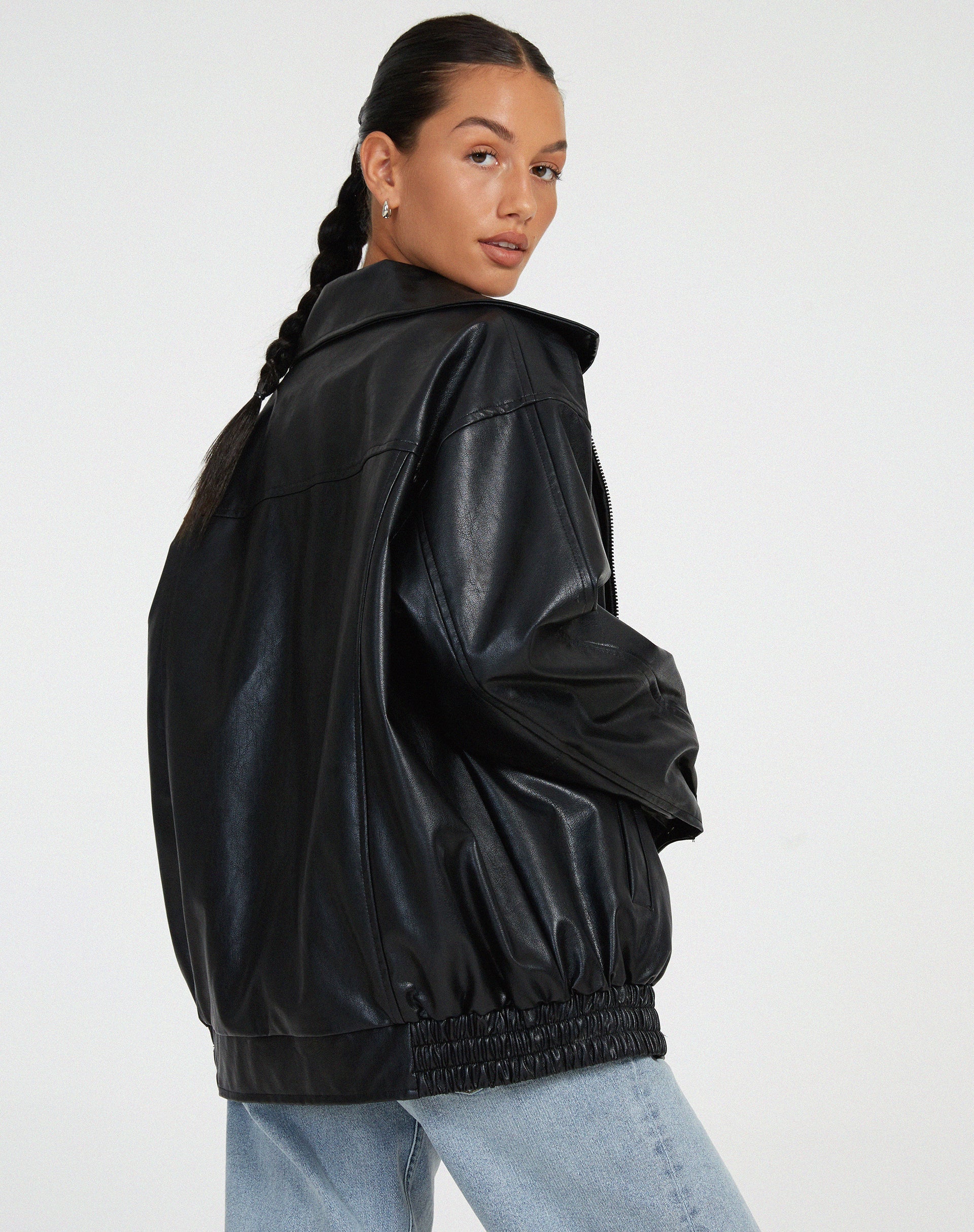 Casual brown oversized women's PU leather jacket, stylish faux leather outerwear for a trendy look. 7