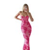 Women’s Pink Floral Maxi Dress with Thin Straps and Sweetheart Neckline