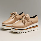 Women's platform Oxford shoes in beige with lace-up design and wedge sole, ideal for casual and smart-casual wear. 0