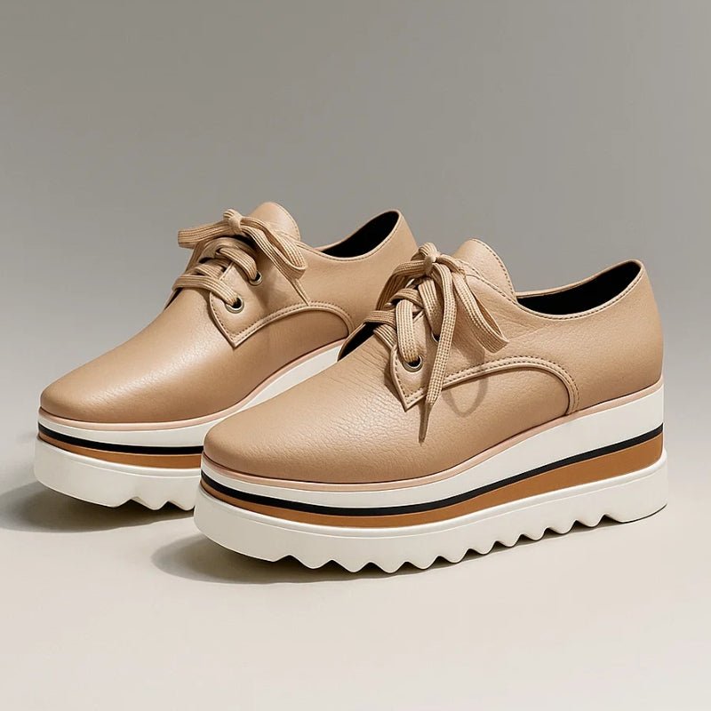 Women's platform Oxford shoes in beige with lace-up design and wedge sole, ideal for casual and smart-casual wear. 0
