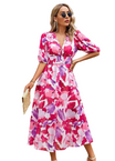 Women’s Printed Midi Dress with V-neck and Puff Sleeves