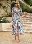 Women’s Printed Midi Dress with V-neck and Puff Sleeves