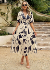 Women’s Printed Midi Dress with V-neck and Puff Sleeves