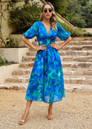 Women’s Printed Midi Dress with V-neck and Puff Sleeves