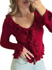 Women’s Red Knit Blouse with Long Sleeves and Ruffles