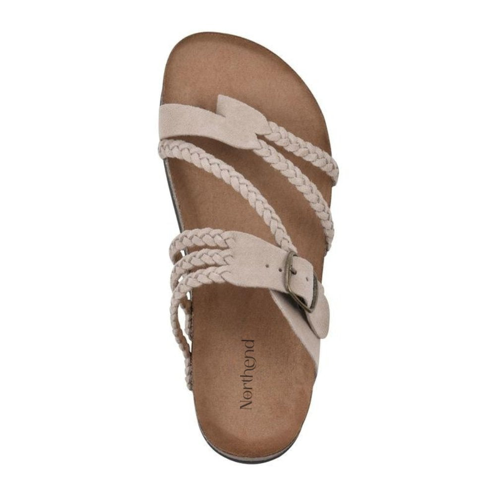 Women's sandals featuring an adjustable buckle, cork footbed, and stylish braided strap design for ultimate comfort and fashion. 1
