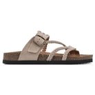 Women's sandals featuring an adjustable buckle, cork footbed, and stylish braided strap design for ultimate comfort and fashion. 2