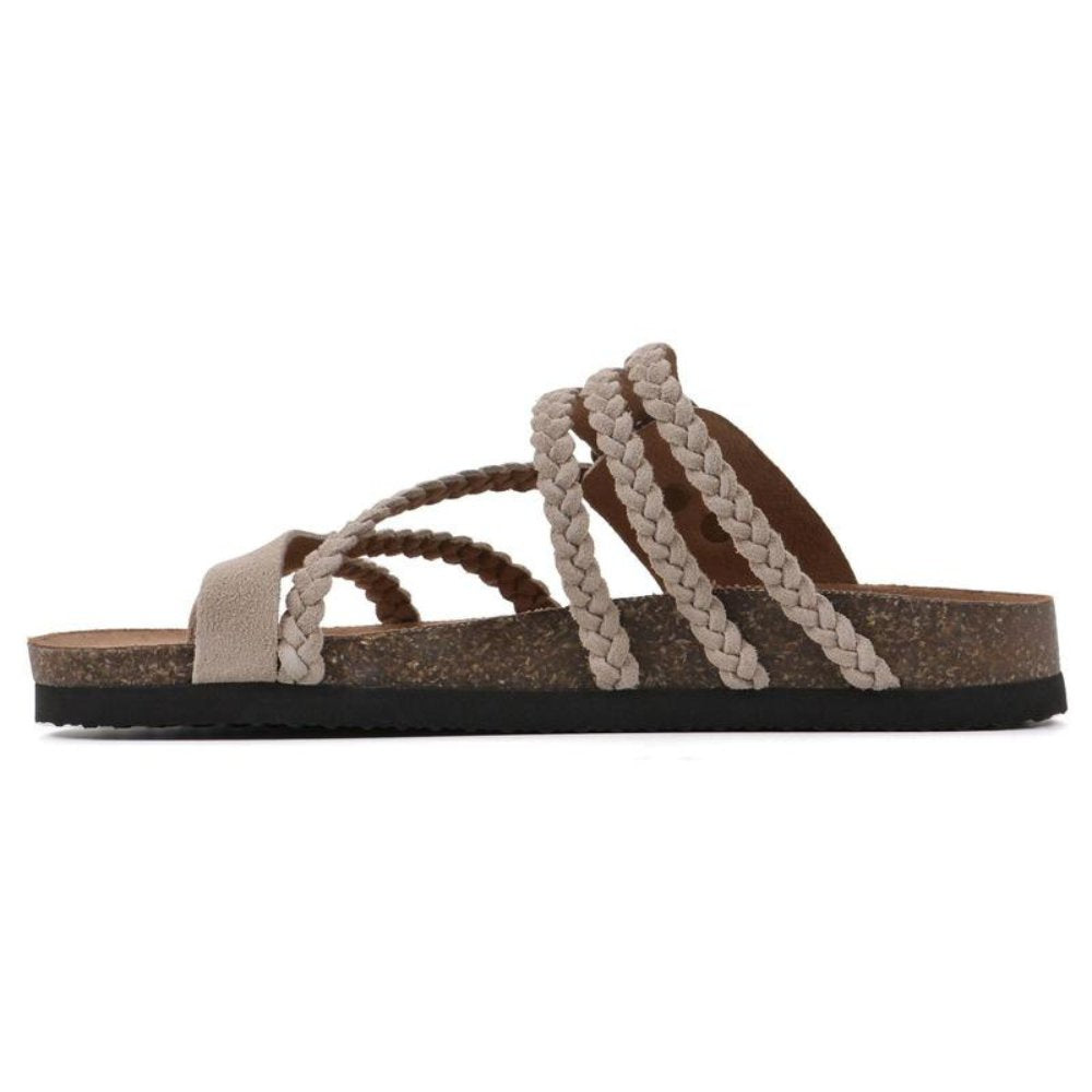 Women's sandals featuring an adjustable buckle, cork footbed, and stylish braided strap design for ultimate comfort and fashion. 4