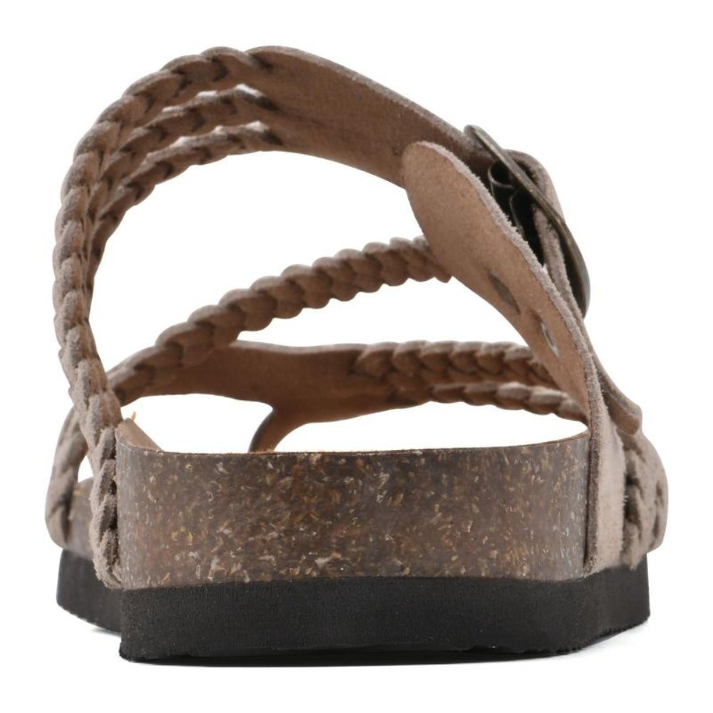 Women's sandals featuring an adjustable buckle, cork footbed, and stylish braided strap design for ultimate comfort and fashion. 5
