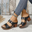 Women's brown sandals featuring a cushioned footbed and stylish block heel, crafted from woven synthetic leather for comfort and durability. 0