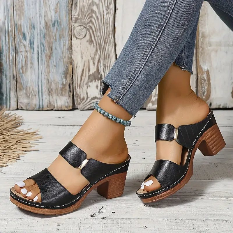 Women's brown sandals featuring a cushioned footbed and stylish block heel, crafted from woven synthetic leather for comfort and durability. 0