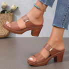 Women's brown sandals featuring a cushioned footbed and stylish block heel, crafted from woven synthetic leather for comfort and durability. 3