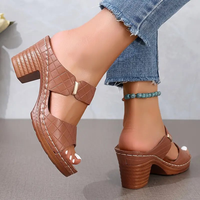 Women's brown sandals featuring a cushioned footbed and stylish block heel, crafted from woven synthetic leather for comfort and durability. 4