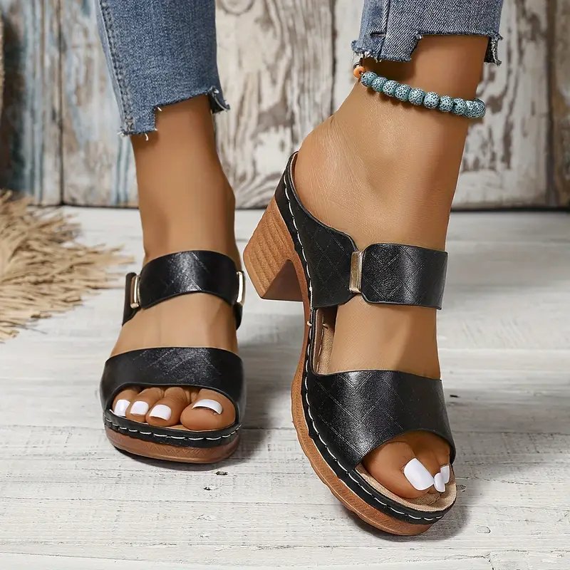 Women's brown sandals featuring a cushioned footbed and stylish block heel, crafted from woven synthetic leather for comfort and durability. 5
