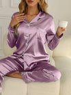 Women's Satin Pajama Set featuring a stylish button-up blouse and long trousers, perfect for a comfortable and elegant sleepwear experience. 0